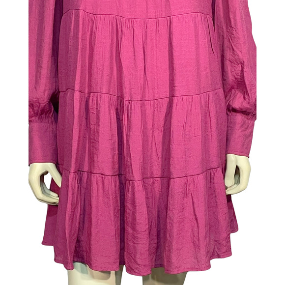 Entro Sz L Tiered Dress High Neck Peasant Sleeve Tie Back Orchid Pink Flowy Boho - Picture 6 of 9
